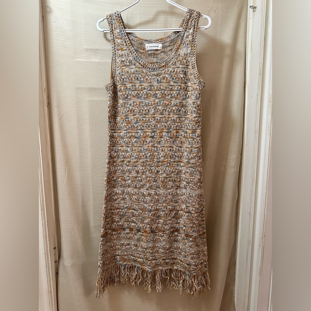 Lucky Brand Boho Knit Fringe Hem Sweater Dress Sleeveless Size Large Stretch